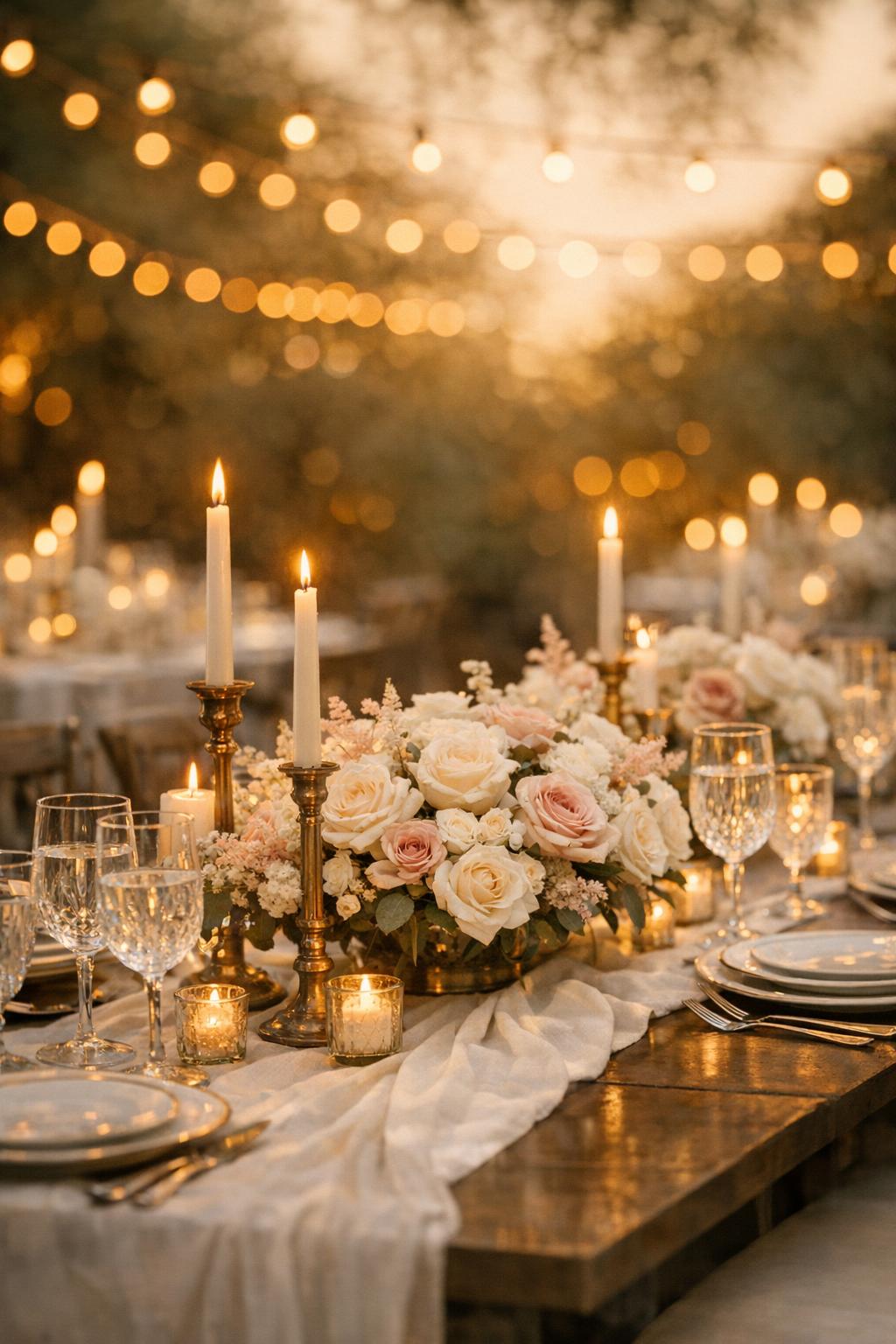 Mesa de boda decorada con florales y velas bajo bistro lights