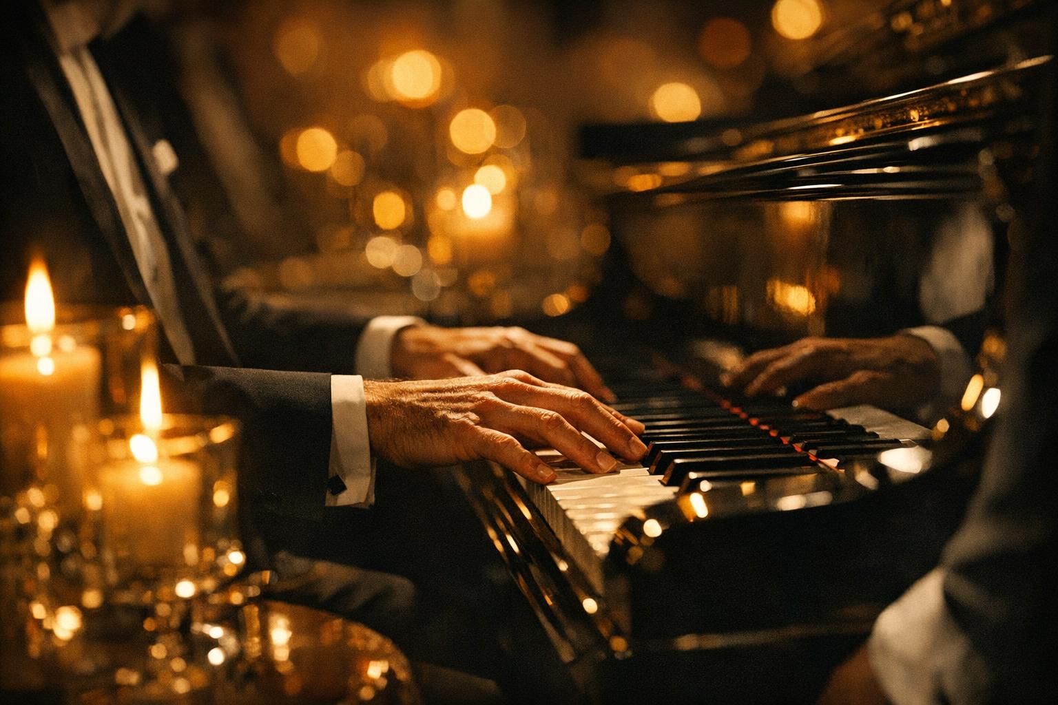 Manos de pianista sobre teclas con velas y bokeh dorado