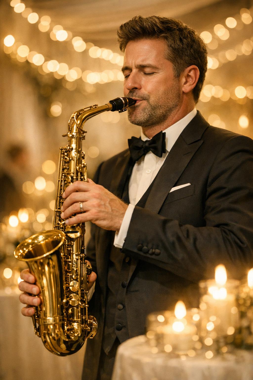 Saxofonista en traje tocando saxofón dorado en cocktail hour